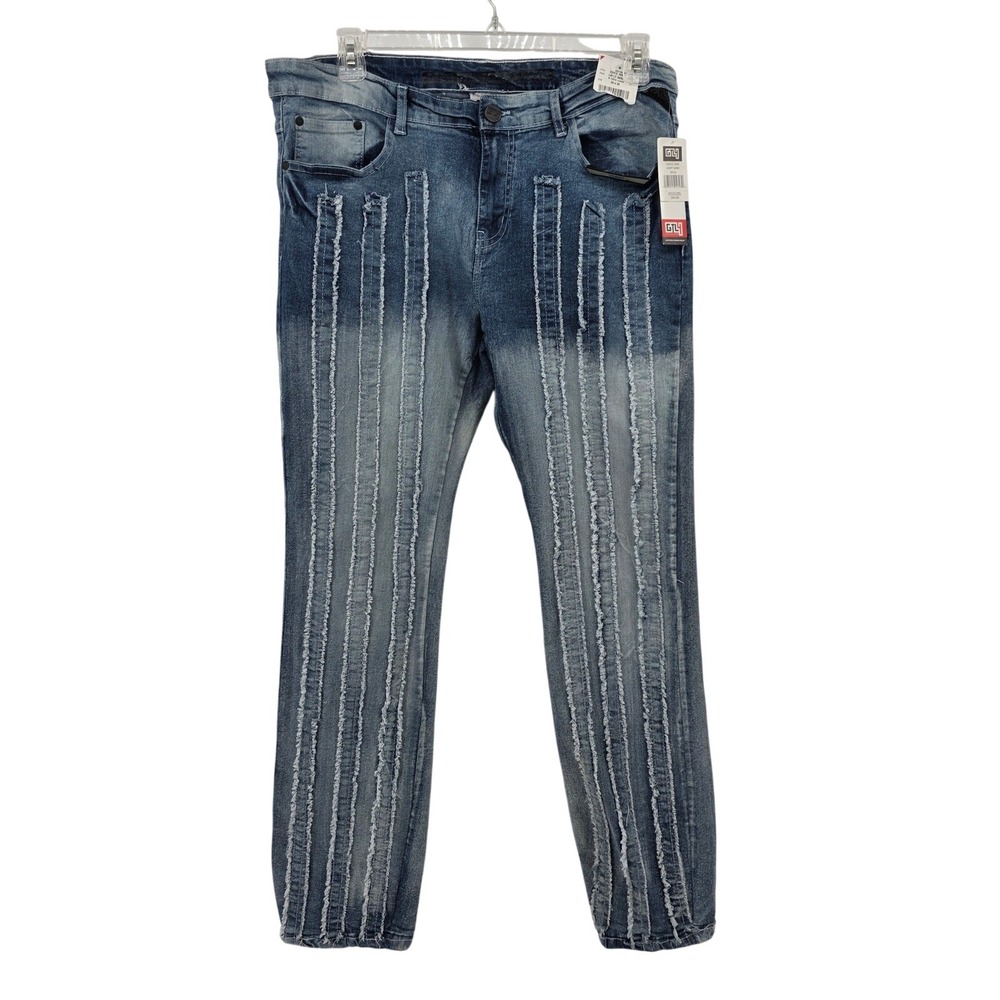 GTL4 Good Things Last 4EVER Mens Skinny Jeans Blue Frayed Stripe 34x33 NWT